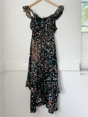 Vintage Black Multi-Color Ruffled Midi Dress